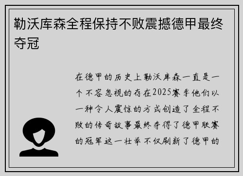 勒沃库森全程保持不败震撼德甲最终夺冠 勒沃库森全程保持不败震撼德甲最终夺冠