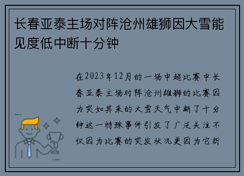 长春亚泰主场对阵沧州雄狮因大雪能见度低中断十分钟 长春亚泰主场对阵沧州雄狮因大雪能见度低中断十分钟